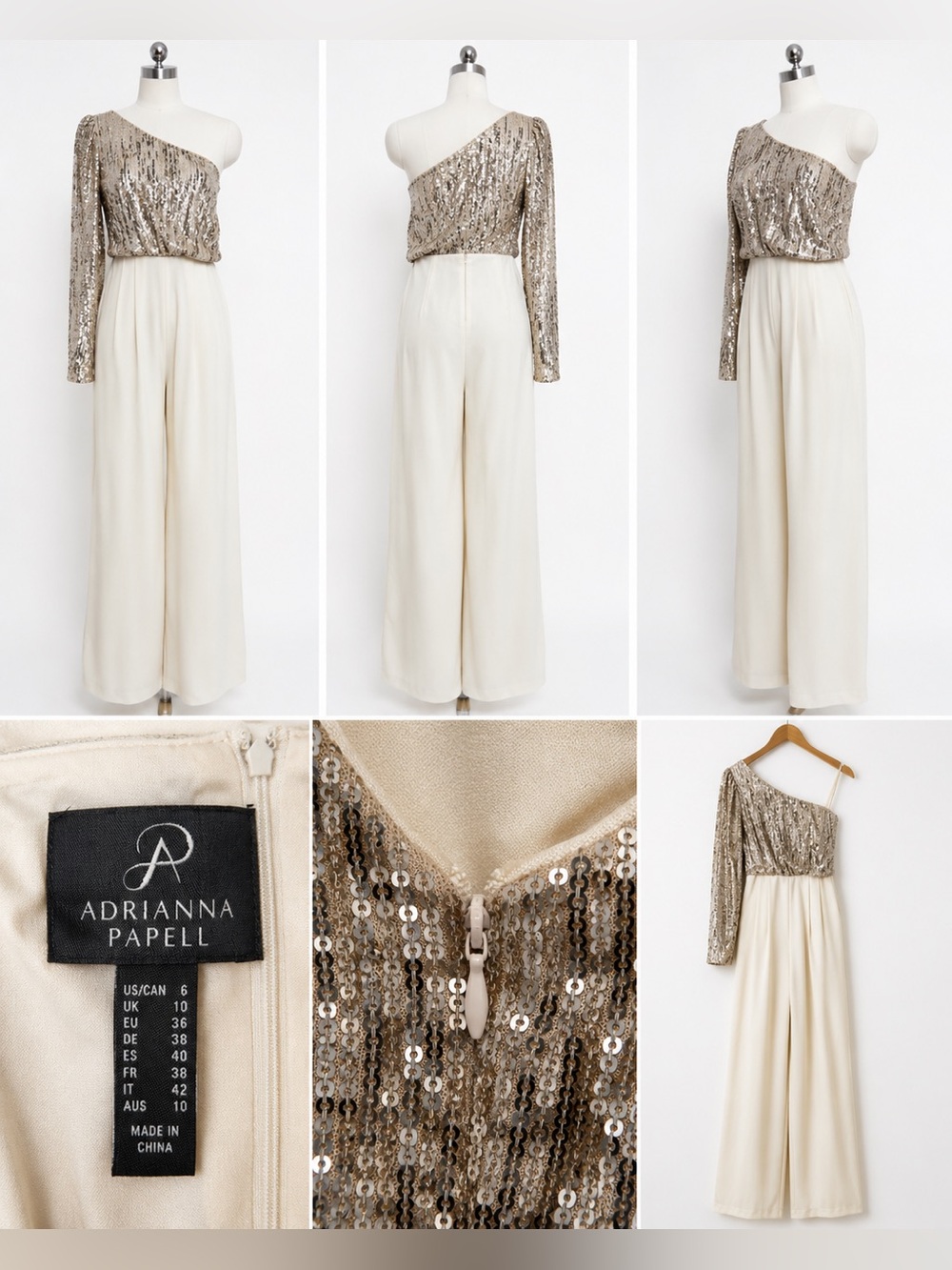 Adrianna Papell One Shoulder Sequin Jumpsuit Champagne Ivory Formal Size 6 - Picture 2 of 2